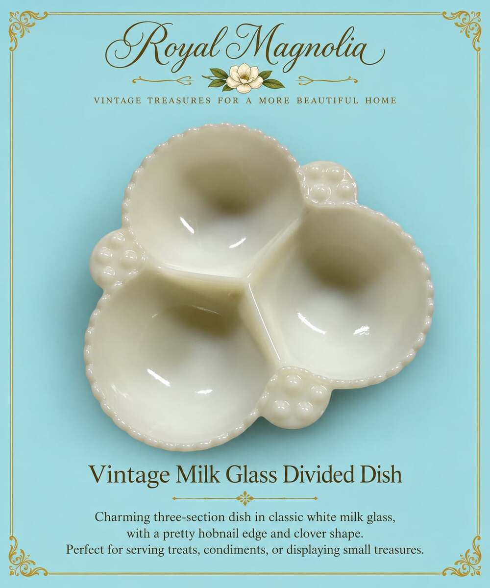 Vintage Anchor Hocking White Milk Glass Hobnail 3 Compartment Divided Relish Dis